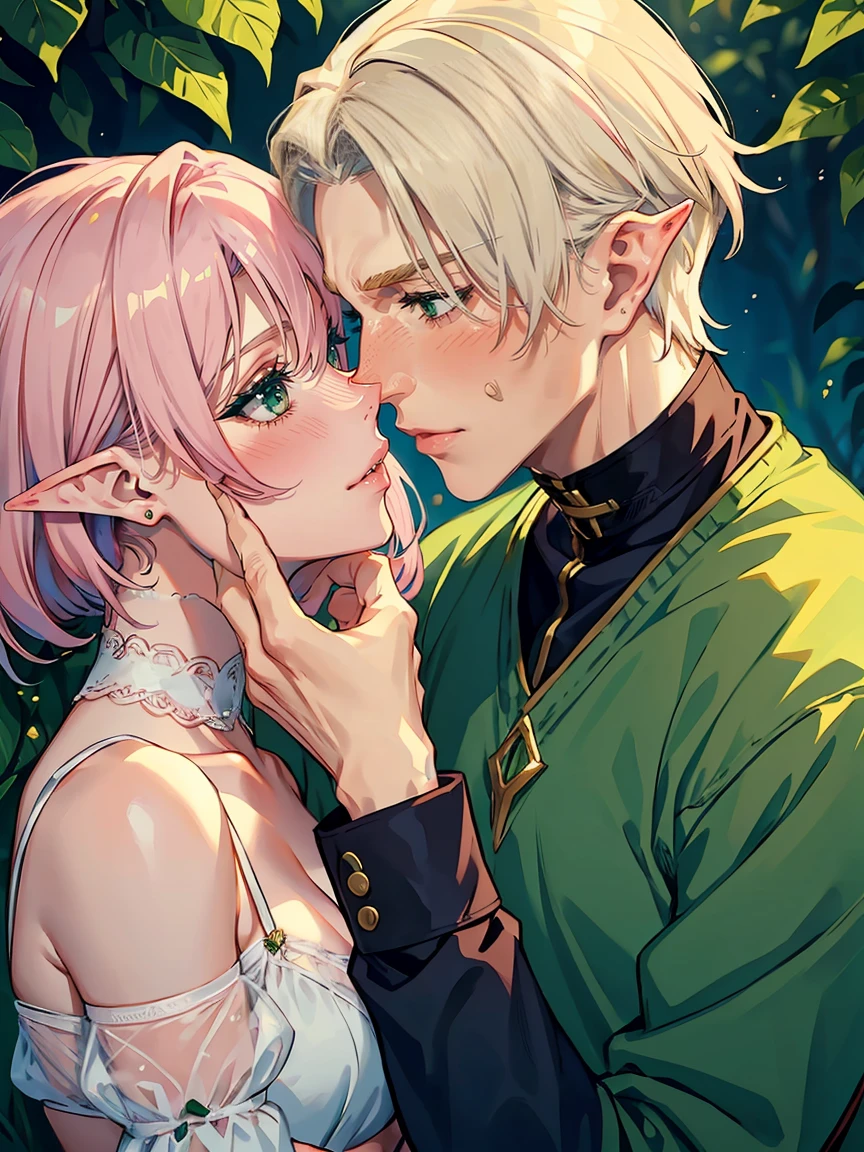 hANDSOME OLDER PINK HAIRED WOMAN KISSING A MALE OLDER MATURE BLONDE ELF WITH GREEN EYES, MAKING OUT, BLUSHING, GROPING.