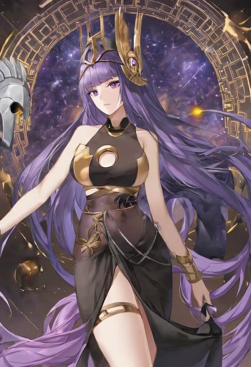 Athena,Extra long purple hair,Purple Eyes,Wearing black silk,Purple long skirt,Black long skirt,Decorated with gold stripes,But the long skirt is very sexy and revealing,barefoot,People want to rely on,Sitting posture,There is no decoration on the head,The background is a black hole in the universe,Purple and black black hole