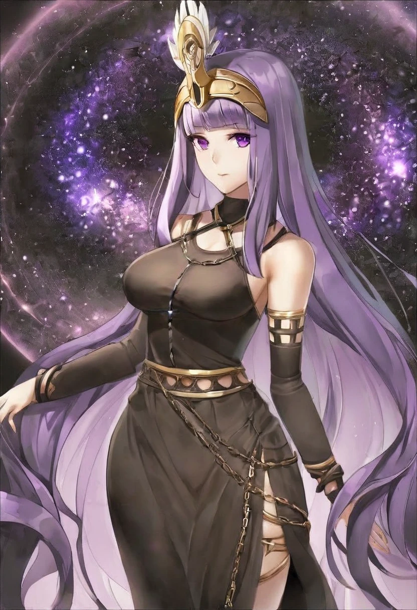 Greek goddess Athena,Extra long purple hair,Purple Eyes,Wearing black silk,Black skirt,A black hole in the universe,Purple and black black hole