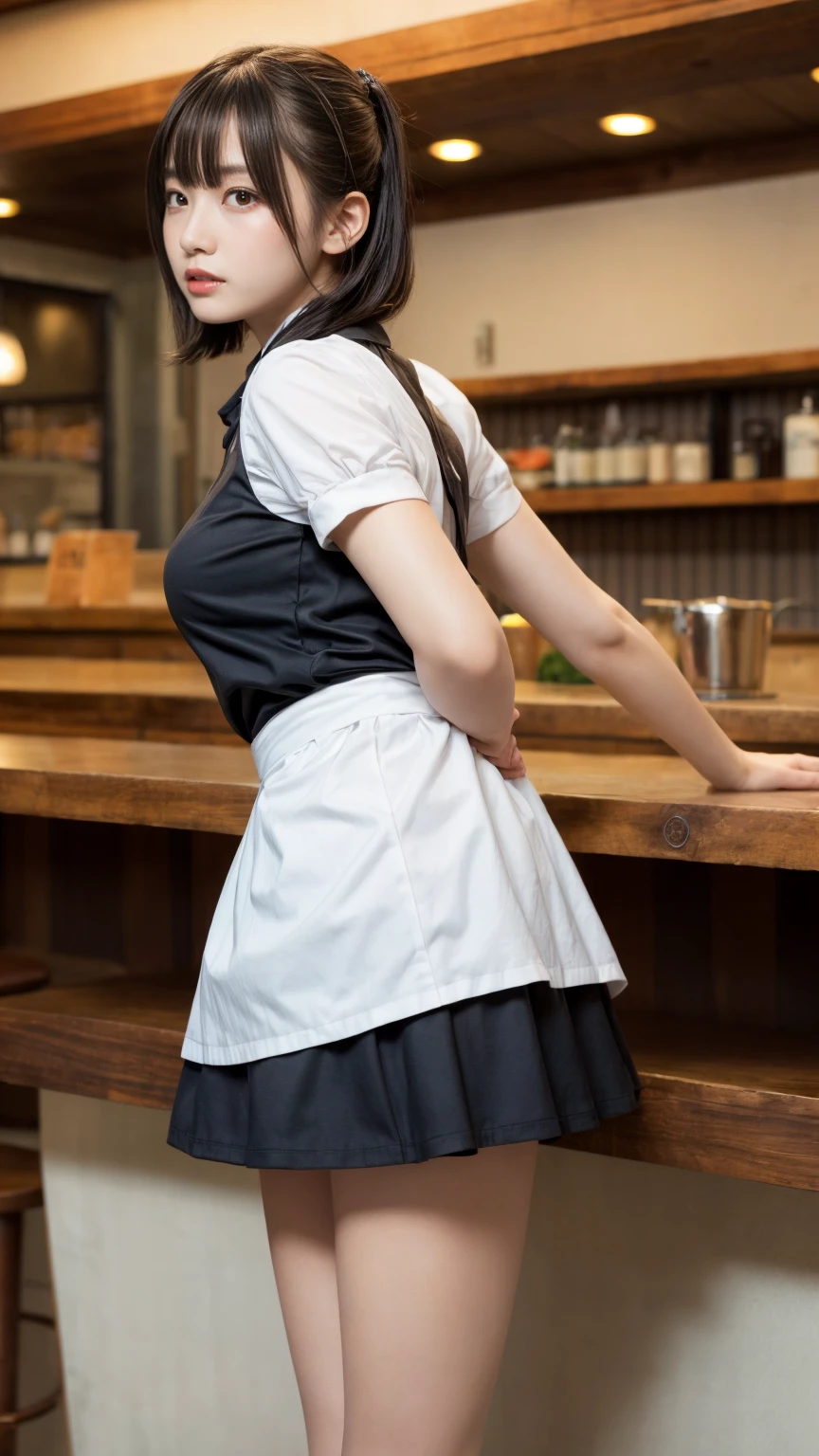 masterpiece, best quality, illustration, Super detailed, fine details, High resolution, 8K,wall paper, perfect dynamic composition,(Details High quality, realistic depiction of eyes:1.3), from side, standing,waitress uniform, restaurant, huge breasts, short bob hair、black hair color, Big Natural Color Lip, (perfect body shape), crying a little、cold gaze, Harajuku style、20 year old girl、cute type、ta、beautiful legs, focus on crotch, full body photo, gravure idol