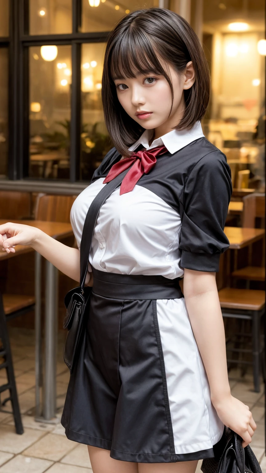 masterpiece, best quality, illustration, Super detailed, fine details, High resolution, 8K,wall paper, perfect dynamic composition,(Details High quality, realistic depiction of eyes:1.3), from side, standing,waitress uniform, restaurant, huge breasts, short bob hair、black hair color, Big Natural Color Lip, (perfect body shape), crying a little、cold gaze, Harajuku style、20 year old girl、cute type、lolita、beautiful legs, focus on crotch, full body photo, gravure idol