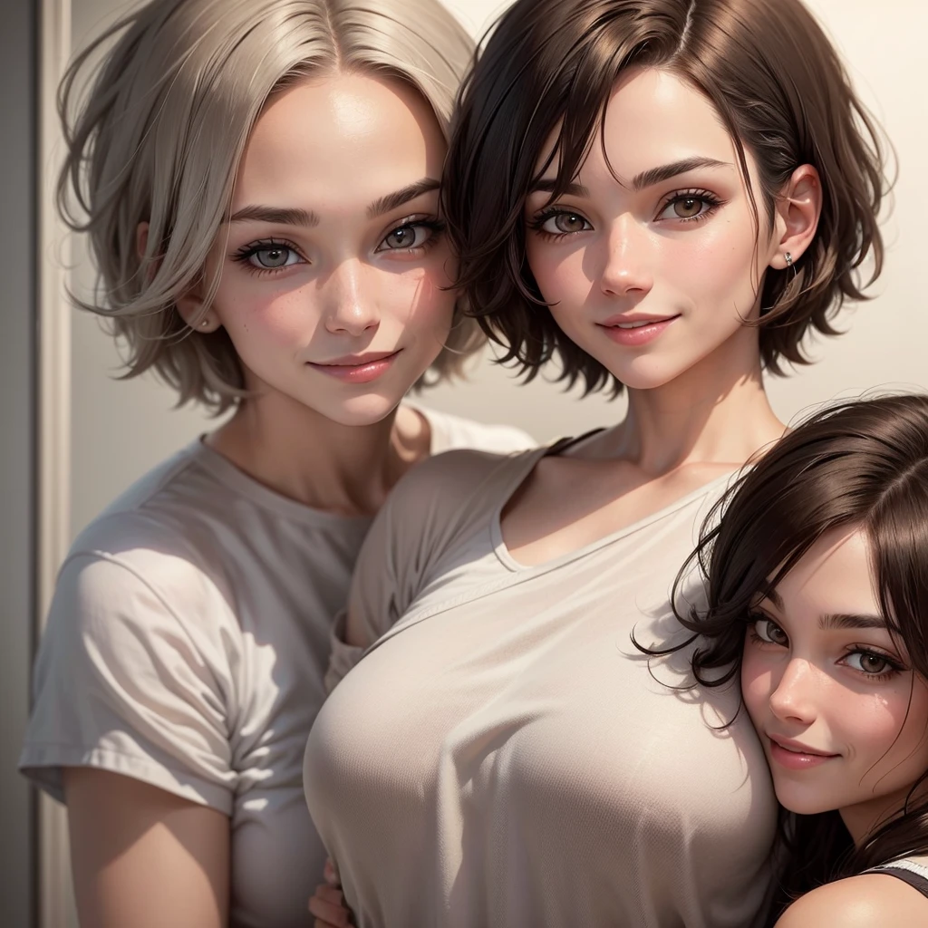 1 adult woman, very short hair, with the parting of the hair to the side, It is brown with some white gray hair., Brown eyes, smiling, has a maternal aura, He is of medium build, close up image for profile photo