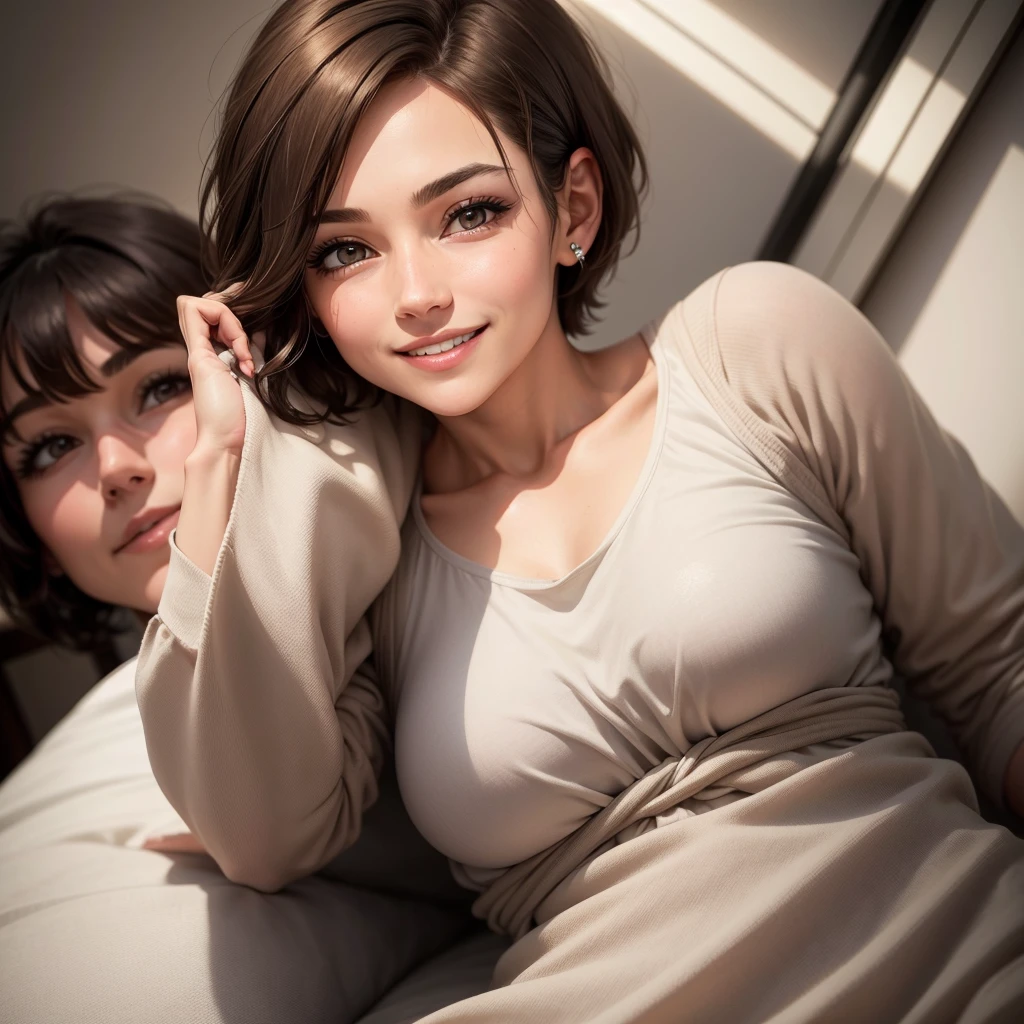 1 adult woman, very short hair, with the parting of the hair to the side, It is brown with some white gray hair., Brown eyes, smiling, has a maternal aura, He is of medium build, close up image for profile photo
