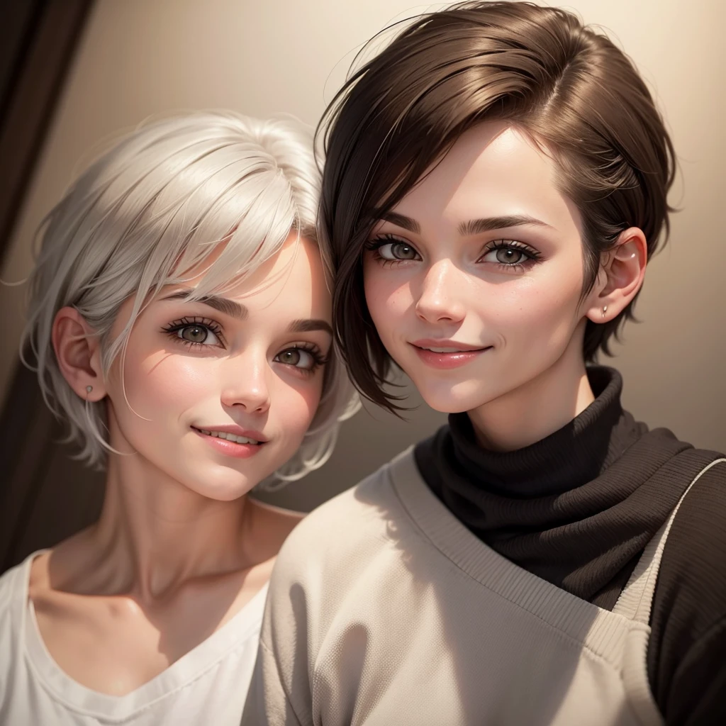 1 adult woman, very short hair, with the parting of the hair to the side, It is brown with some white gray hair., Brown eyes, smiling, has a maternal aura, He is of medium build, close up image for profile photo