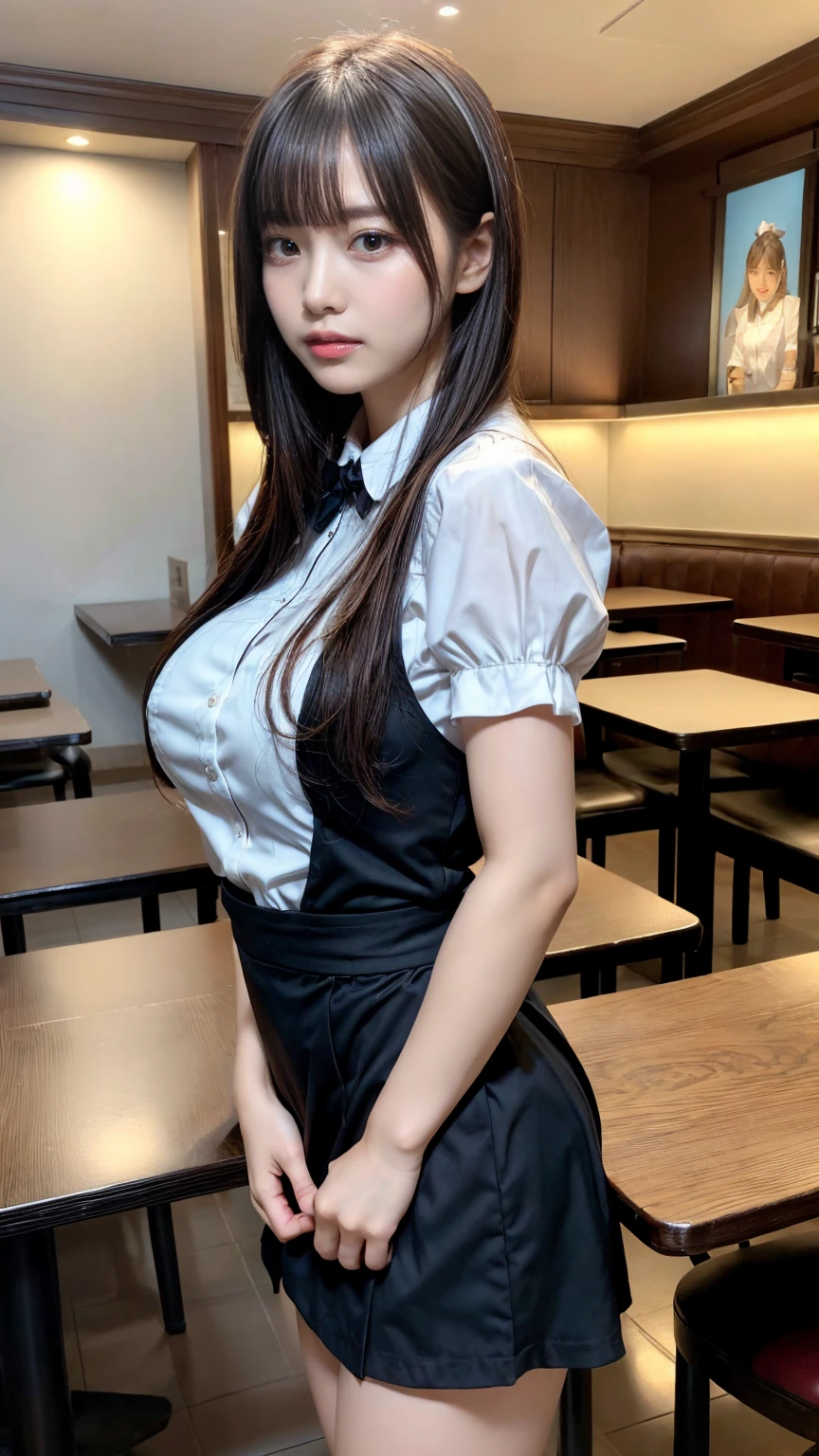 masterpiece, best quality, illustration, Super detailed, fine details, High resolution, 8K,wall paper, perfect dynamic composition,(Details High quality, realistic depiction of eyes:1.3), from side, standing,waitress uniform, restaurant, huge breasts, short bob hair、black hair color, Big Natural Color Lip, (perfect body shape), crying a little、cold gaze, Harajuku style、20 year old girl、cute type、ta、beautiful legs, focus on crotch, full body photo, gravure idol