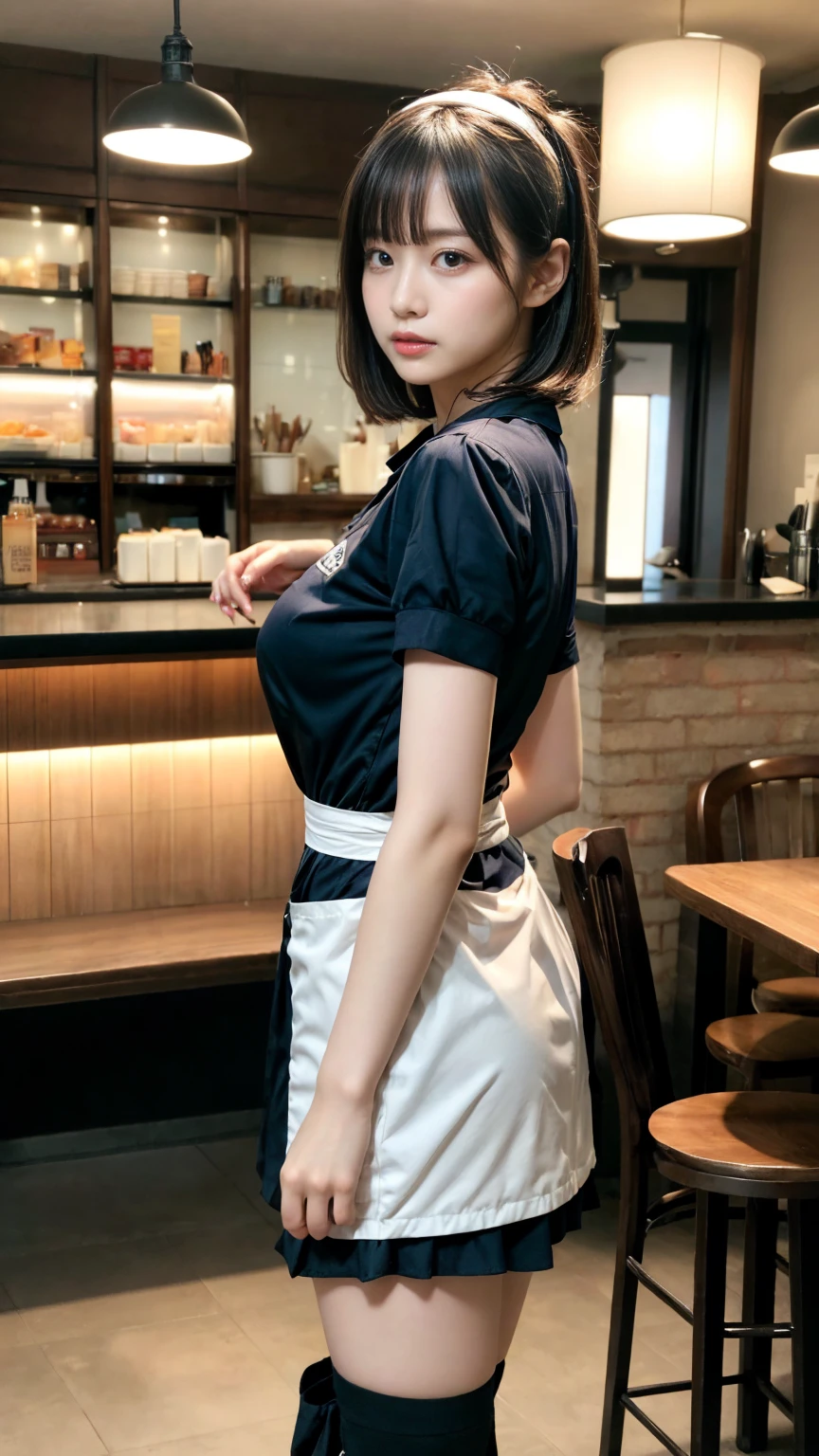 masterpiece, best quality, illustration, Super detailed, fine details, High resolution, 8K,wall paper, perfect dynamic composition,(Details High quality, realistic depiction of eyes:1.3), from side, standing,waitress uniform, restaurant, huge breasts, short bob hair、black hair color, Big Natural Color Lip, (perfect body shape), crying a little、cold gaze, Harajuku style、20 year old girl、cute type、ta、beautiful legs, focus on crotch, full body photo, gravure idol