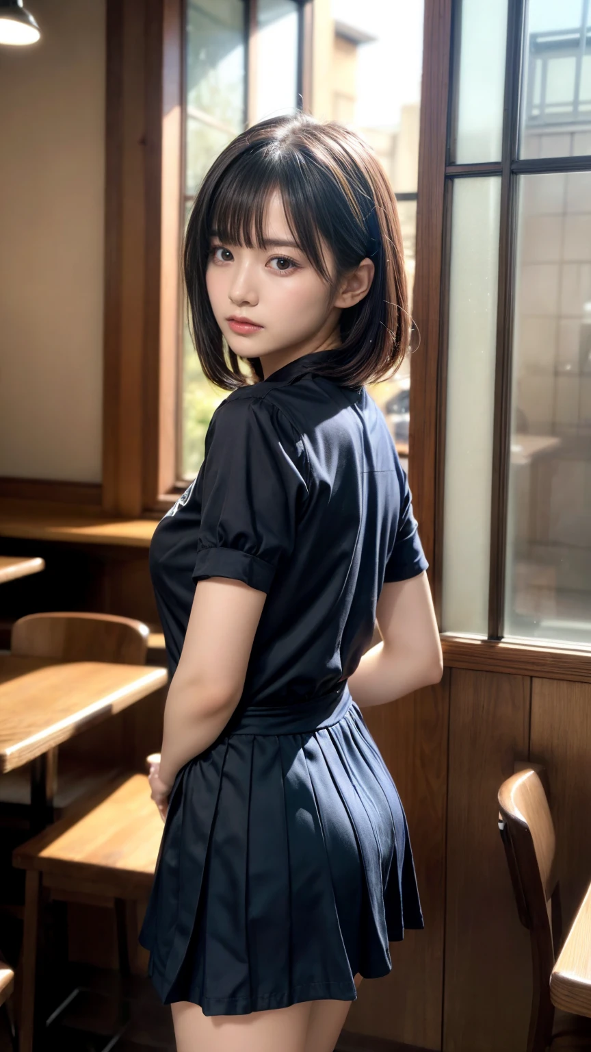 masterpiece, best quality, illustration, Super detailed, fine details, High resolution, 8K,wall paper, perfect dynamic composition,(Details High quality, realistic depiction of eyes:1.3), from side, standing,waitress uniform, restaurant, huge breasts, short bob hair、black hair color, Big Natural Color Lip, (perfect body shape), crying a little、cold gaze, Harajuku style、20 year old girl、cute type、lolita、beautiful legs, focus on crotch, full body photo, gravure idol