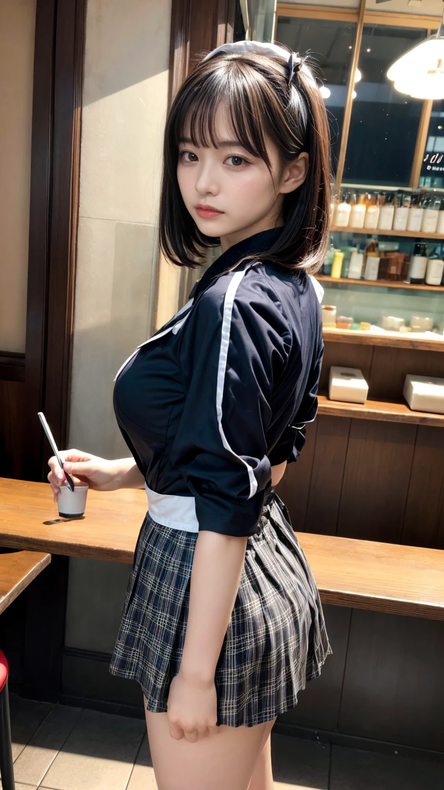 masterpiece, best quality, illustration, Super detailed, fine details, High resolution, 8K,wall paper, perfect dynamic composition,(Details High quality, realistic depiction of eyes:1.3), from side, standing,waitress uniform, restaurant, huge breasts, short bob hair、black hair color, Big Natural Color Lip, (perfect body shape), crying a little、cold gaze, Harajuku style、20 year old girl、cute type、lolita、beautiful legs, focus on crotch, full body photo, gravure idol