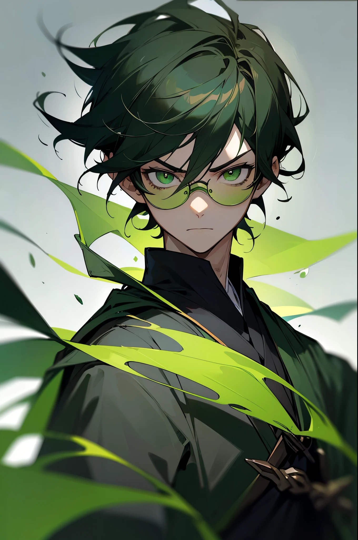 (masterpiece, best quality, perfect face, expressive eyes), 1boy, (anime), (male), (adult), (black hair), green gradient hair, green eyes, black scholar robes, (green tainted glasses), black gloves. upper body, serious face, camera points towards them,