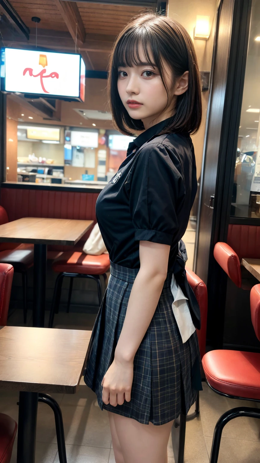 masterpiece, best quality, illustration, Super detailed, fine details, High resolution, 8K,wall paper, perfect dynamic composition,(Details High quality, realistic depiction of eyes:1.3), from side, standing,waitress uniform, restaurant, huge breasts, short bob hair、black hair color, Big Natural Color Lip, (perfect body shape), crying a little、cold gaze, Harajuku style、20 year old girl、cute type、ta、beautiful legs, focus on crotch, full body photo, gravure idol