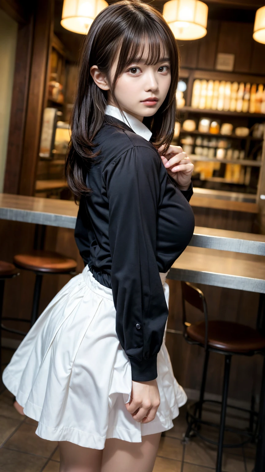 masterpiece, best quality, illustration, Super detailed, fine details, High resolution, 8K,wall paper, perfect dynamic composition,(Details High quality, realistic depiction of eyes:1.3), from side, standing,waitress uniform, restaurant, huge breasts, short bob hair、black hair color, Big Natural Color Lip, (perfect body shape), crying a little、cold gaze, Harajuku style、20 year old girl、cute type、lolita、beautiful legs, focus on crotch, full body photo, gravure idol