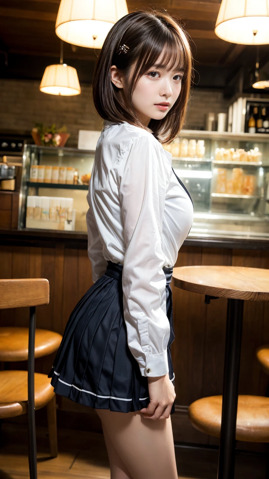 masterpiece, best quality, illustration, Super detailed, fine details, High resolution, 8K,wall paper, perfect dynamic composition,(Details High quality, realistic depiction of eyes:1.3), from side, standing,waitress uniform, restaurant, huge breasts, short bob hair、black hair color, Big Natural Color Lip, (perfect body shape), crying a little、cold gaze, Harajuku style、20 year old girl、cute type、ta、beautiful legs, focus on crotch, full body photo, gravure idol