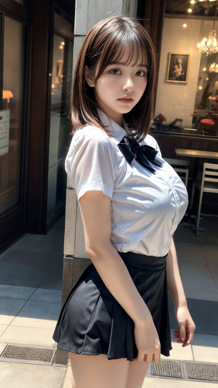 masterpiece, best quality, illustration, Super detailed, fine details, High resolution, 8K,wall paper, perfect dynamic composition,(Details High quality, realistic depiction of eyes:1.3), from side, standing,waitress uniform, restaurant, huge breasts, short bob hair、black hair color, Big Natural Color Lip, (perfect body shape), crying a little、cold gaze, Harajuku style、20 year old girl、cute type、ta、beautiful legs, focus on crotch, full body photo, gravure idol