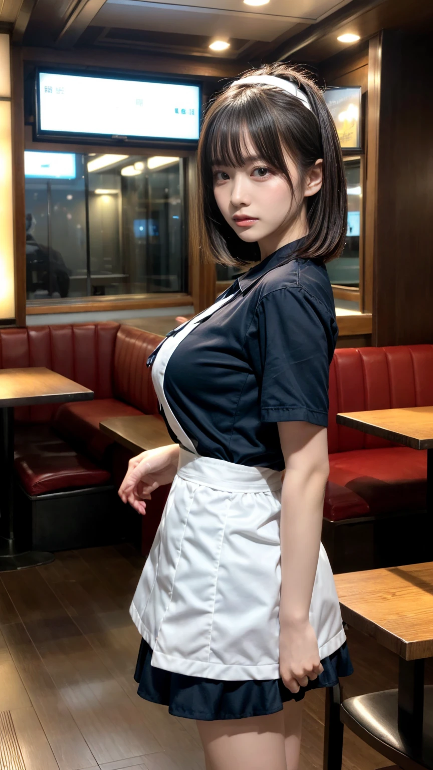 masterpiece, best quality, illustration, Super detailed, fine details, High resolution, 8K,wall paper, perfect dynamic composition,(Details High quality, realistic depiction of eyes:1.3), from side, standing,waitress uniform, restaurant, huge breasts, short bob hair、black hair color, Big Natural Color Lip, (perfect body shape), crying a little、cold gaze, Harajuku style、20 year old girl、cute type、lolita、beautiful legs, focus on crotch, full body photo, gravure idol