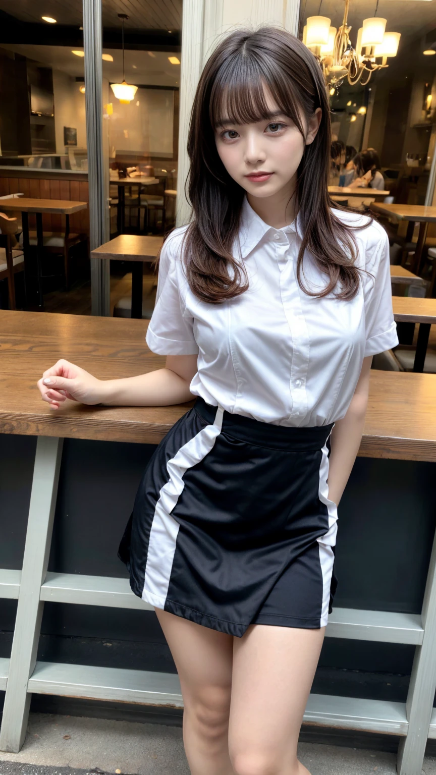 masterpiece, best quality, illustration, Super detailed, fine details, High resolution, 8K,wall paper, perfect dynamic composition,(Details High quality, realistic depiction of eyes:1.3), from side, standing,waitress uniform, restaurant, huge breasts, short bob hair、black hair color, Big Natural Color Lip, (perfect body shape), crying a little、cold gaze, Harajuku style、20 year old girl、cute type、ta、beautiful legs, focus on crotch, full body photo, gravure idol