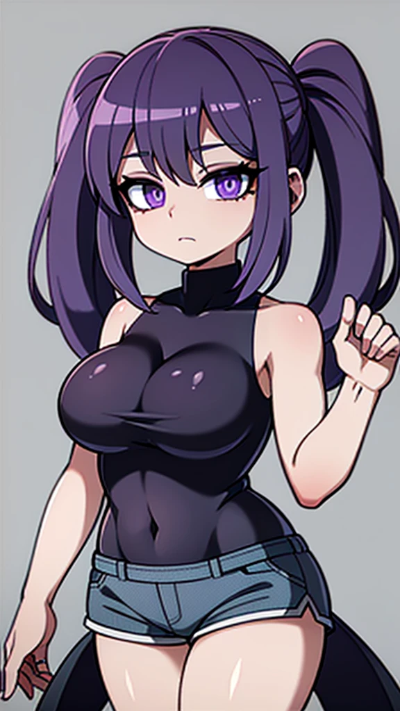 1girl, plus size, dark purple hair (long) (pigtails) (dark blue tips), lightly tan skin color, light blue eyes (glowing), wearing sleeveless turtleneck (blue), shorts ( black), stockings (long) (purple), cape (purple), purple smoke effect around body (glowing), absurdres, high res, ultra sharp, 8k, masterpiece, looking at viewer
