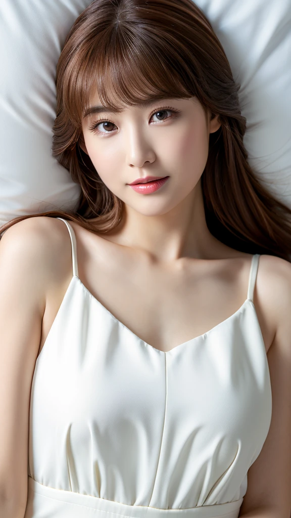 (Detailed face),(White furniture),cute,Sleeveless white silky dress,4K,Ultra-high resolution,(Photorealistic：1.7),Long Hair,chest,