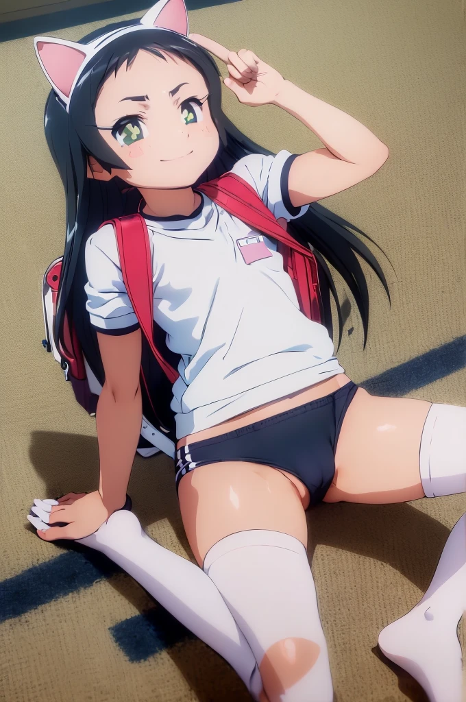 masterpiece, ultra quality, ultra sharp, ultra detailed, 1girl, solo, (((good anatomy))), haduki kurumi, (tattered torn dripping wet white gym shirt), navy gym pants, animal ears, randoseru, name tag, Japanese anime pose, laugh, BurumaShorts, Buruma, Gym Uniform, (((lying:1.4, spread_legs, legspread, split_legs, spreading legs)), (randoseru backpack:1.4), (((smirk smile))), buruma, blue buruma, black buruma, (cameltoe), (tattered torn short sleeve white gym uniform with colored hem), (tiny nipples), (white long loose socks), strong lighting, legspread, bukkake, cum on clothes, cum on legs, cum on buruma, cum on bloomers,
