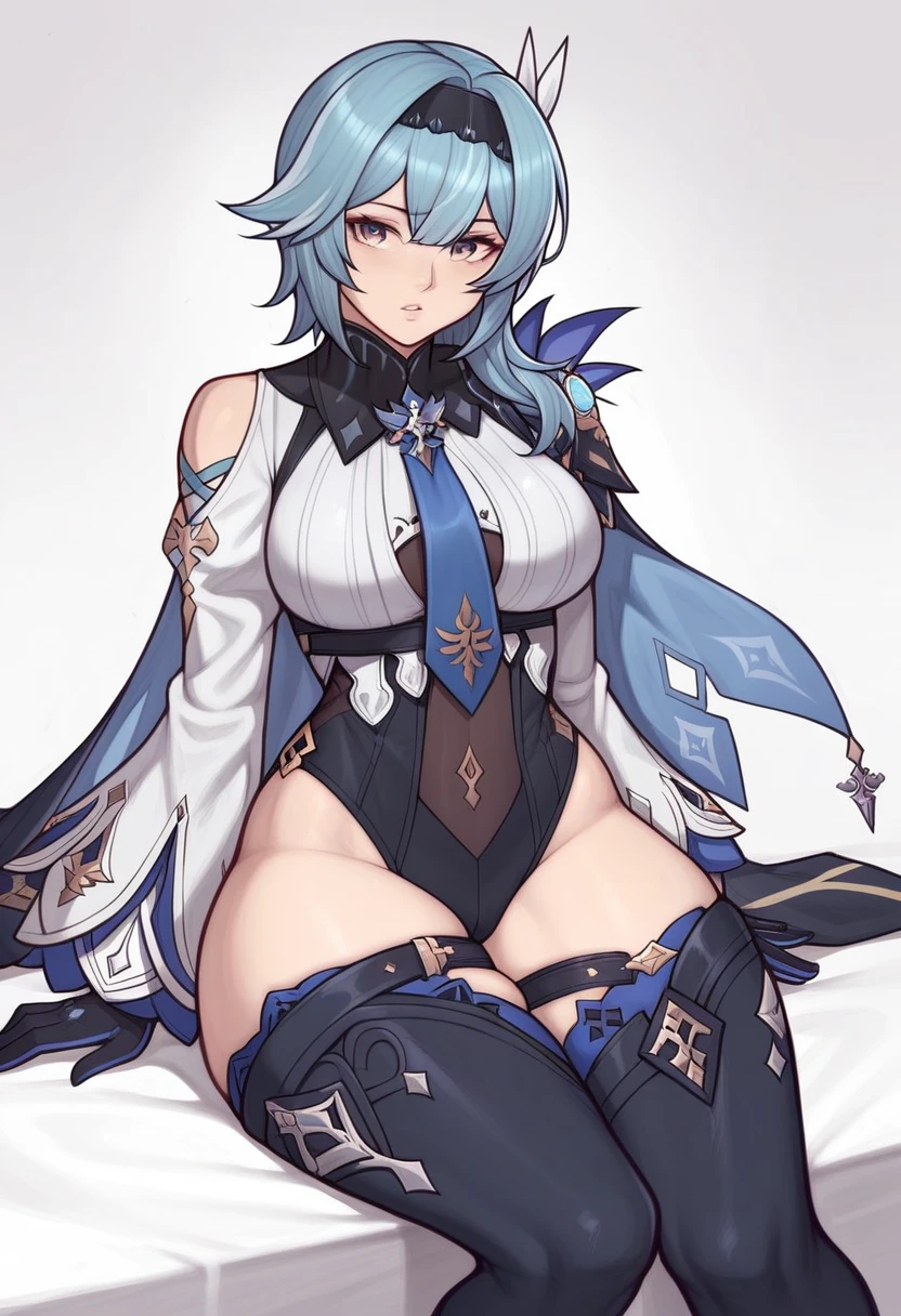 _asura style, 1girl, eula_(genshin_impact), solo, breasts, thighhighs, hairband, blue_hair, thighs, gloves, necktie, long_sleeves, bangs, blue_necktie, looking_at_viewer, black_hairband, leotard, medium_hair, large_breasts, vision_(genshin_impact), hair_ornament, cape, white_background, purple_eyes, thick_thighs, black_leotard, sitting, simple_background, blue_cape, parted_lips, black_thighhighs