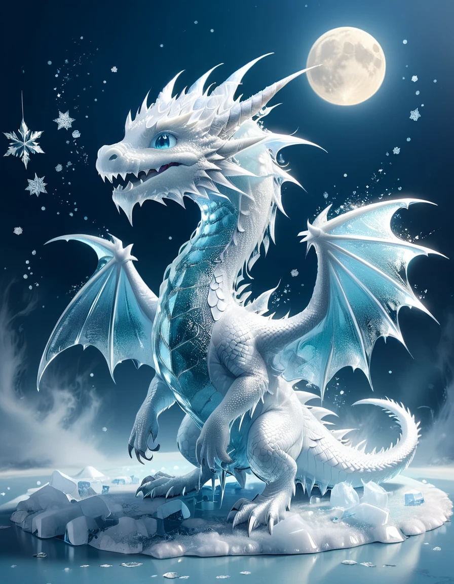 absurdres, highres, ultra detailed, HDR, master piece, best quality, small white dragon, cute, solo, magic, ice flowers, snowflakes, ice, magical, fantasy, glass, ice moon, starry sky, ice style