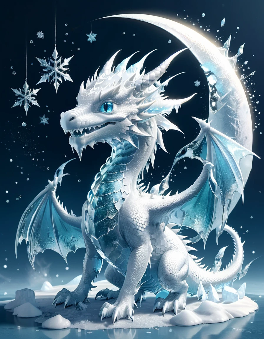 absurdres, highres, ultra detailed, HDR, master piece, best quality, small white dragon, cute, solo, magic, ice flowers, snowflakes, ice, magical, fantasy, glass, ice moon, starry sky, ice style