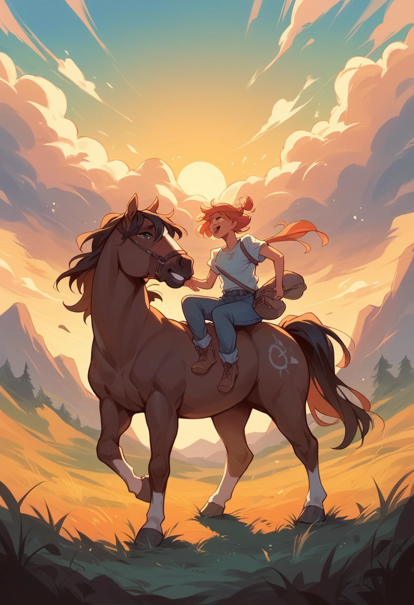 Create an image of an orange sunset on a hill, with 3 cowboys with horses riding on the hill and 1 of them being a woman.