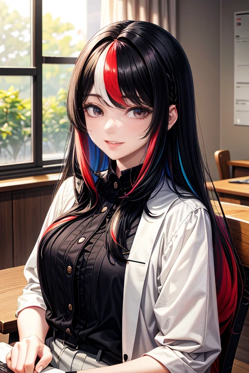 black hair, Long eyelashes, smileเบา ๆ, ivory, hair in lines, multicolored hair, Hair color inside, red hair, Hair clips, Mole under the eye, Students who don't get along, empty eyes, empty eyes, dilated pupils, heart shaped student, smile, shadow, Anaglyph, depth of field, Motion blurred image, Brightness, color field drawing, anime style, 8K, Awesome details, best quality, UHD, 8K