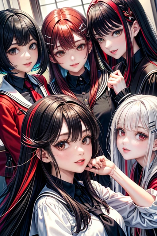 black hair, Long eyelashes, smileเบา ๆ, ivory, hair in lines, multicolored hair, Hair color inside, red hair, Hair clips, Mole under the eye, Students who don't get along, empty eyes, empty eyes, dilated pupils, heart shaped student, smile, shadow, Anaglyph, depth of field, Motion blurred image, Brightness, color field drawing, anime style, 8K, Awesome details, best quality, UHD, 8K