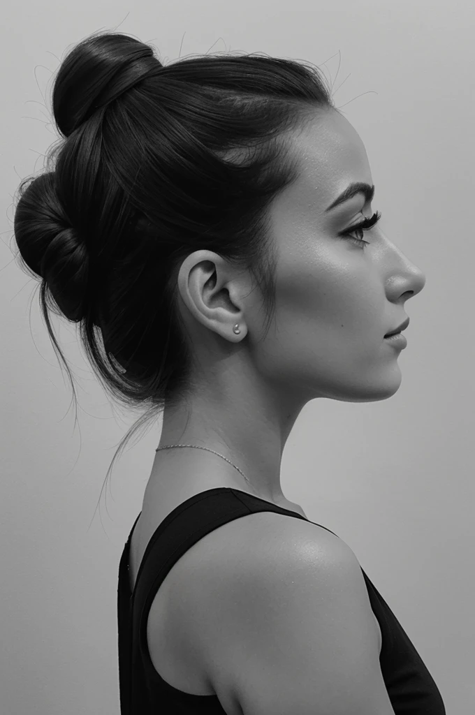 The image is a detailed black and white sketch of a woman's profile. Her hair is styled in an elegant bun, and she is wearing a sleeveless top.