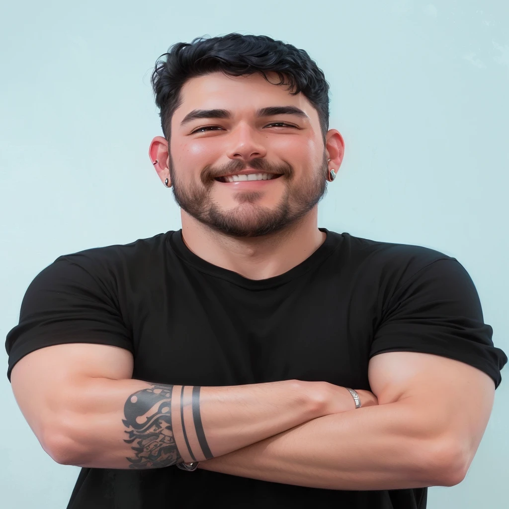 pixar, disney, earrings in both ears , Grinning , black hair to the side , scruffy beard , tattoo on arm