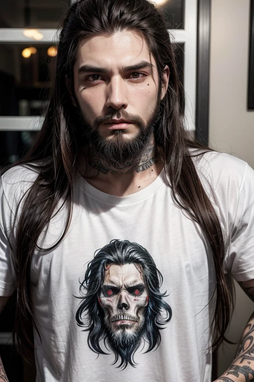 man with long hair and beard looking evil t-shirt with skull and tattoos