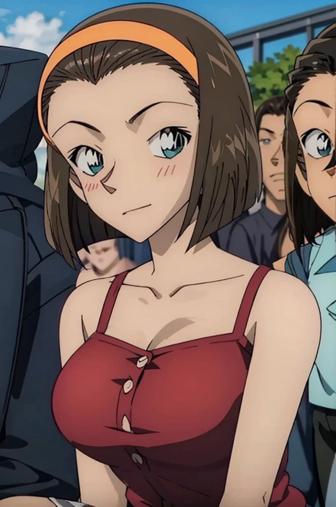 looking at the camera、When I Look at You、lookatviewer、Anime Style、Eroge、1 Girl,  (Huge breasts), (Tight white cropped camisole)、Low Angle、Brown haired, hair band、Bob Hair、The forehead is visible、blush,The whole body is visible:1.5、Dolphin Shorts、Cleavage、O-neck、Camisole with buttons on the chest