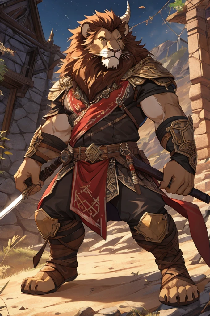 lion,Wood color,horn,scales,background red,brandishing a weapon,Detailed character details