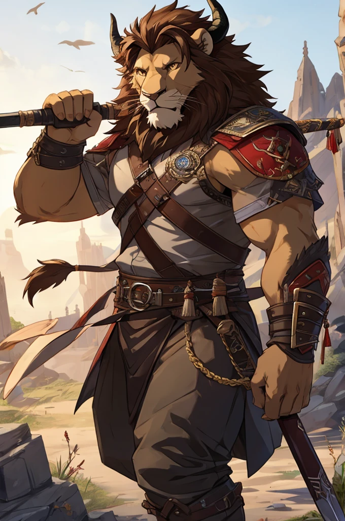 lion,Wood color,horn,scales,background red,brandishing a weapon,Detailed character details
