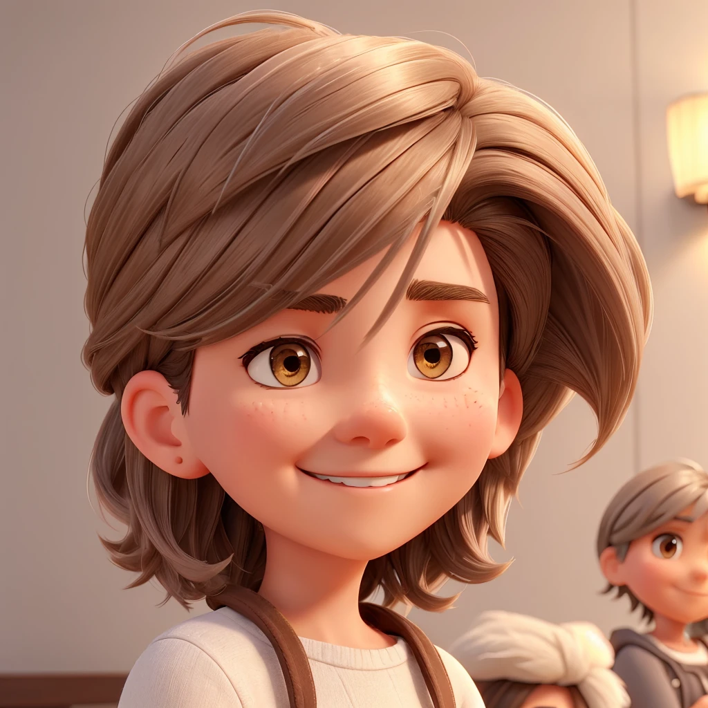 1 adult woman, very short hair, with the parting of the hair to the side, It is brown with some white gray hair., Brown eyes, smiling, has a maternal aura, He is of medium build, close up image for profile photo