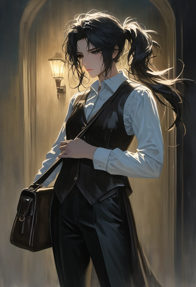 ((adult)), (woman), ((tall)), Ryoshu from Limbus company , masterpiece, best quality, dark aura, black hair, ((pony tail hair)), (messy hair) , ringed dark eyes, plain white shirt, white shirt, black vest, coat, black pants, carrying a robust leather bag, (faint smile), realistic anime style, (oil painting), dark old manor background, night, impasto.
