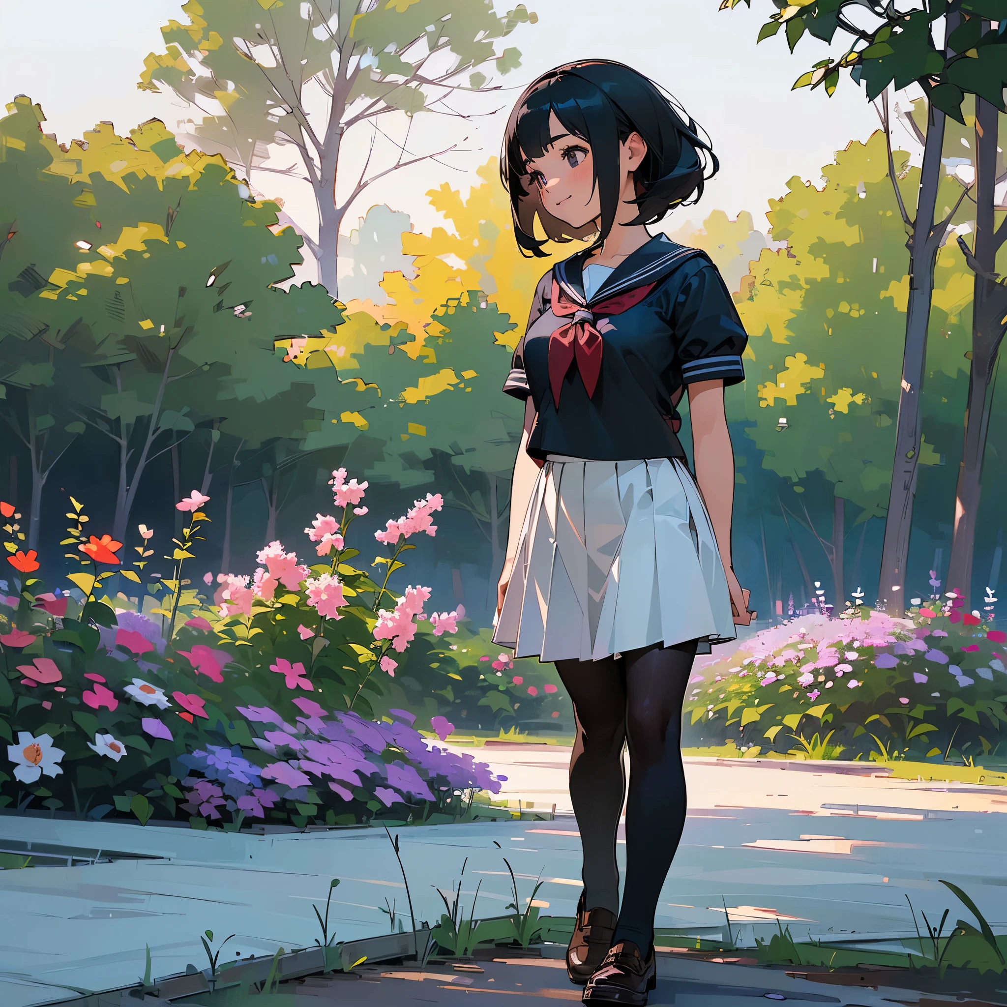 (Highest quality, High resolution, Super detailed, Realistic:1.37), Peaceful atmosphere, (Outdoor, garden), Teenage girl standing alone,(my breasts are big.),Beautifully detailed features, Cute Smile, ((Black bob hair)),Short-sleeved sailor uniform, Pleated skirt,Black tights,Brown leather shoes.