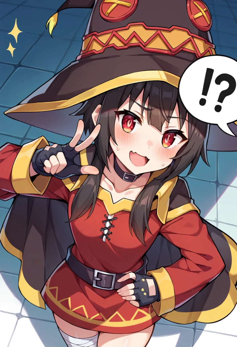punctuation_9, punctuation_8_High above, punctuation_7_High above, punctuation_6_High above, punctuation_5_High above, punctuation_4_High above, source of breakage_アニメ,citys,open air,ssmile,standing,Place your hands on your hips,Megumin, shorth hair, Bblack hair, Eyes red, side locks, long locks,,thicc thighs, mitts, ha,redgown, black mitts, waist belt, black thicc thighs, fingerless mitts, cape, collared, witch ha, bandages, redgown, single thigh height, asymmetrical pants, delicious