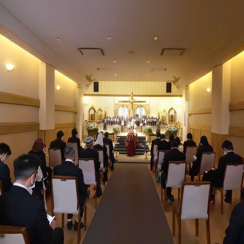 Many people sitting on chairs々Arabic view of the church with the, Funeral, panoramic, Mode, Whole room, Taken with a Sony A3 camera, In Tokyo, in karuizawa, Gazing at the horizon, Filmed in the early 2020s, event, Beasts, Spectacular, detailed!!