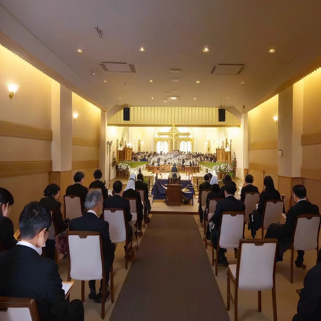 Many people sitting on chairs々Arabic view of the church with the, Funeral, panoramic, Mode, Whole room, Taken with a Sony A3 camera, In Tokyo, in karuizawa, Gazing at the horizon, Filmed in the early 2020s, event, Beasts, Spectacular, detailed!!