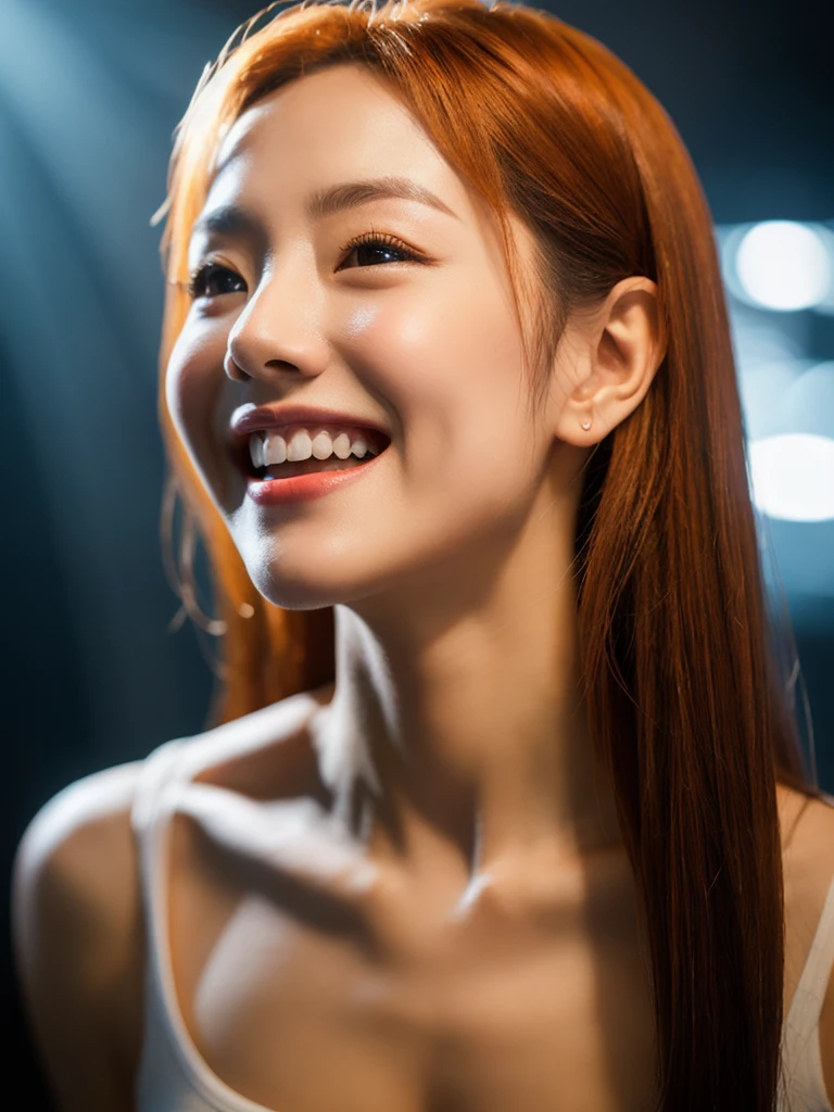 highest quality、8k、32K、Masseter muscle part、nffsw:1.3)、cute japanese girl、1 girl、long hair、profile、(crack your abs、slim body shape:1.2)、(lips) 、smiling showing teeth,(orange hair)、double eyelid、shiny skin、realistic rays of light、big、beautiful face、(laughter:1.3)、squat、(From above:1.2)、(Close-up:1.4)、coastal、white t-shirt、blurred background、(front focus)、(dark: 1.6)、fantasy art、photo realistic、professional lighting、highly detailed face、award-winning、deep shadow、((Ultra-realistic raw photos)),fine eyes,Eyes like the real thing,fine hair,