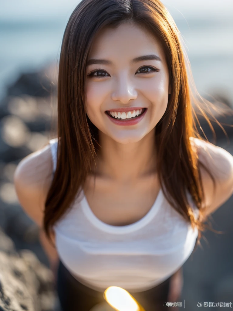 highest quality、8k、32K、Masseter muscle part、nffsw:1.3)、cute japanese girl、1 girl、long hair、profile、(crack your abs、slim body shape:1.2)、(lips) 、smiling showing teeth,(orange hair)、double eyelid、shiny skin、realistic rays of light、big、beautiful face、(laughter:1.3)、squat、(From above:1.2)、(Close-up:1.4)、coastal、white t-shirt、blurred background、(front focus)、(dark: 1.6)、fantasy art、photo realistic、professional lighting、highly detailed face、award-winning、deep shadow、((Ultra-realistic raw photos)),fine eyes,Eyes like the real thing,fine hair,