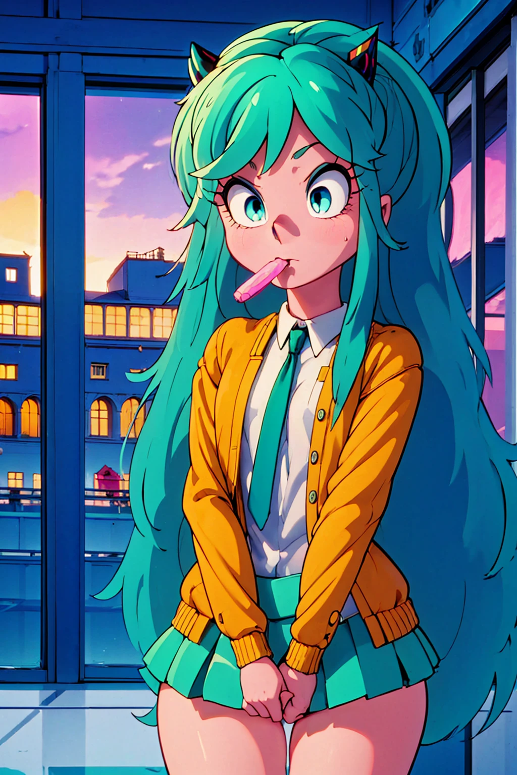 (score_9, score_8_up, score_7_up), 1girl, solo, lum, long hair, bangs, blue hair, blue eyes, aqua hair, tiny horns, eyeshadow, large breasts, looking at viewer, blush, a person riding a motorcycle, no helmet, leather jacket, hair blowing in the wind, on an overpass, neon city lights, left hand on the handlebar, right hand holding a lollipop, (best quality,4k,8k,highres,masterpiece:1.2),ultra-detailed,detailed face and eyes, highly detailed, cinematic lighting, vibrant colors, dramatic atmosphere, motion blur, depth of field, a girl licking a lollipop, pleasure on her face, bliss, mischievous smirk, intricate detailed facial features, high quality, 8k, beautiful detailed eyes, beautiful detailed lips, extremely detailed face, long eyelashes, vibrant colors, warm lighting, cinematic composition, dreamy atmosphere, fantasy, whimsical, magical realism, close up motorcycle, from side,