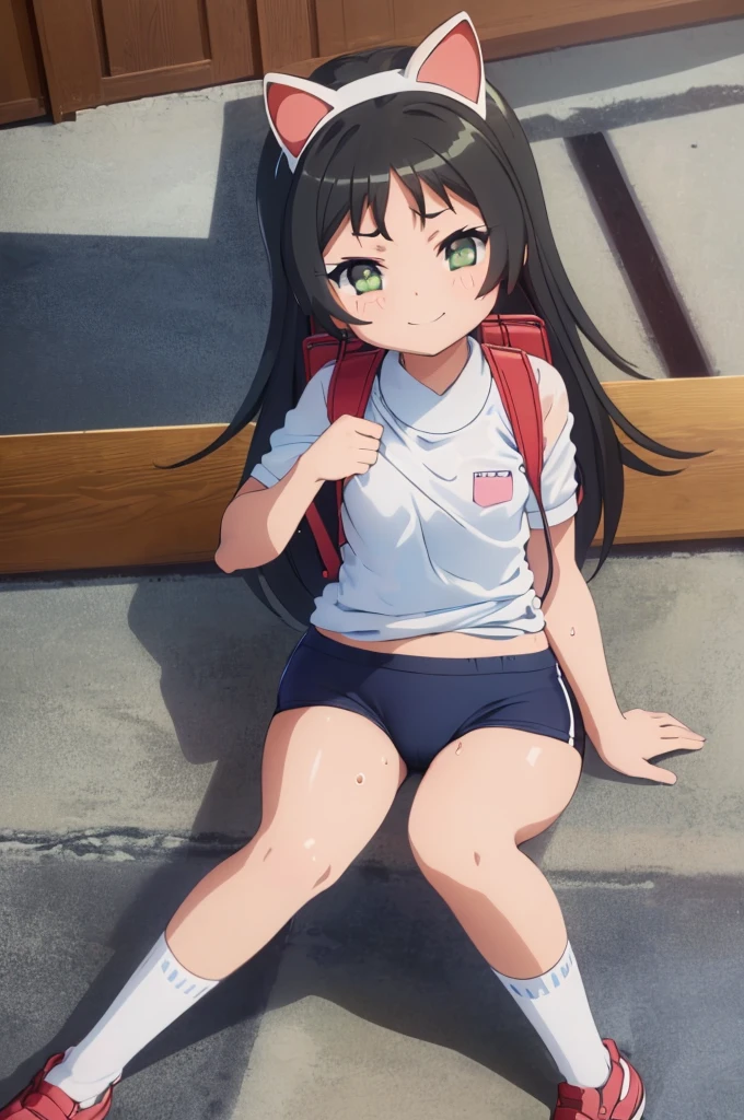 masterpiece, ultra quality, ultra sharp, ultra detailed, 1girl, solo, (((good anatomy))), haduki kurumi, (tattered torn dripping wet white gym shirt), navy gym pants, animal ears, randoseru, name tag, Japanese anime pose, laugh, BurumaShorts, Buruma, Gym Uniform, (((sitting:1.4, squatting:1.4, spread_legs, legspread, split_legs, spreading legs)), (randoseru backpack:1.4), (((smirk smile))), buruma, blue buruma, black buruma, (cameltoe), (tattered torn short sleeve white gym uniform with colored hem), (tiny nipples), (white long loose socks), strong lighting, legspread, bukkake, cum on clothes, cum on legs, cum on buruma, cum on bloomers,