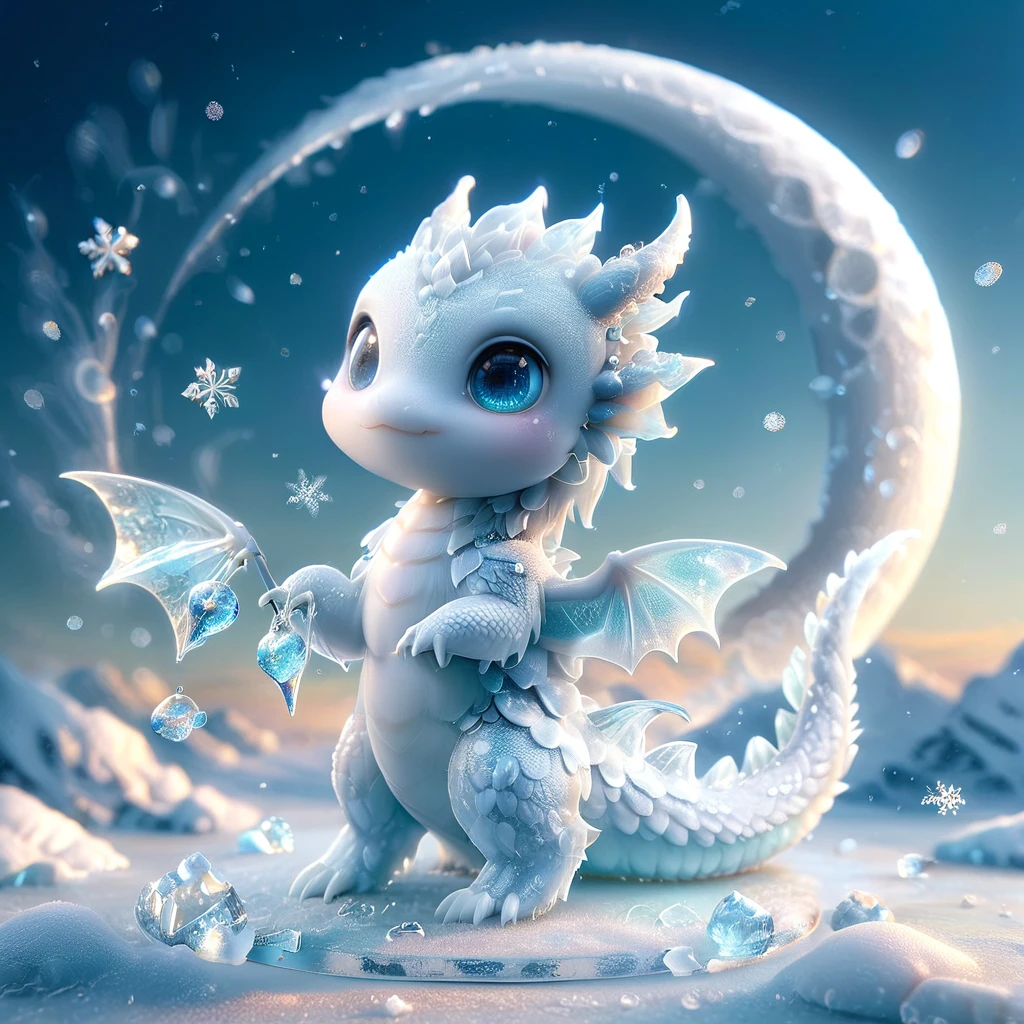 absurdres, highres, ultra detailed, HDR, master piece, best quality, small white dragon, cute, solo, magic, ice flowers, snowflakes, ice, magical, fantasy, glass, ice moon, starry sky, ice style