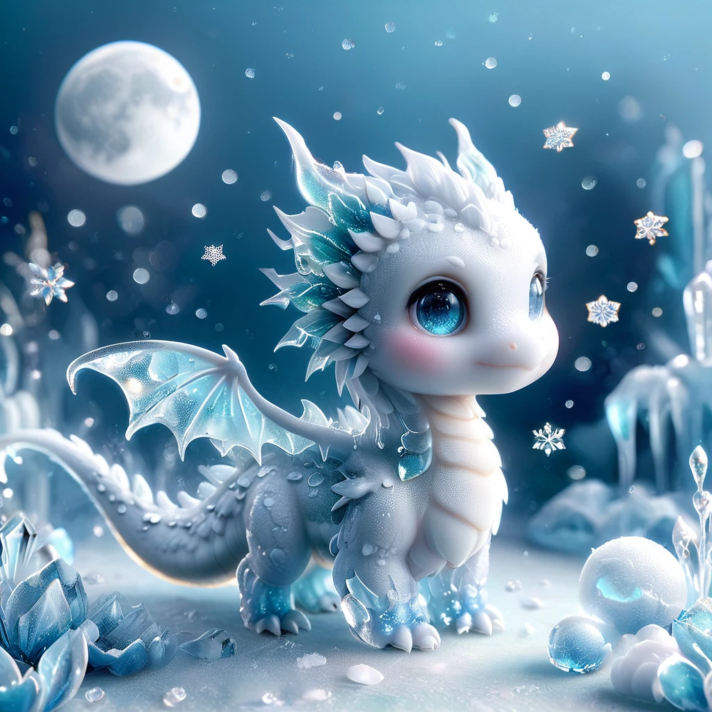 absurdres, highres, ultra detailed, HDR, master piece, best quality, small white dragon, cute, solo, magic, ice flowers, snowflakes, ice, magical, fantasy, glass, ice moon, starry sky, ice style