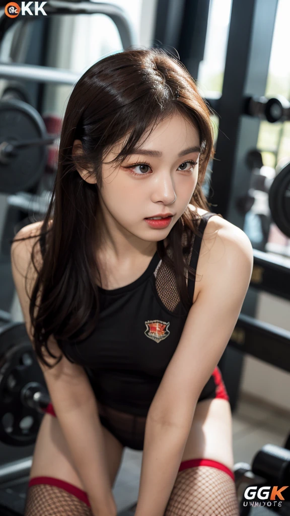 Highly detailed CG Unity 8K wallpapers,top Quority,Super detailed,tmasterpiece,realisticlying,photograph realistic,Very detailed cute girl,25 age old,musculature,Microabs,Round eyes,peeping at the viewer,Be red in the face,parted lip,Half-body shooting,
track suit , gym room,black fishnet stocking