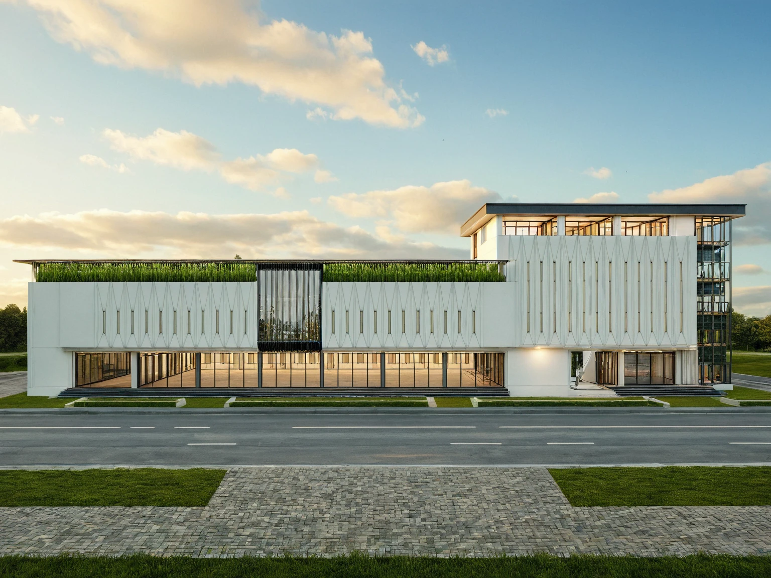 Masterpiece, high quality, best quality, authentic, super detail, outdoors, wedding center style neoclassic, city landscape, white wall, glass windows, gate road, pavement, grass, trees, blue sky, sunset, cloud, (day:1.1), realistic lighting