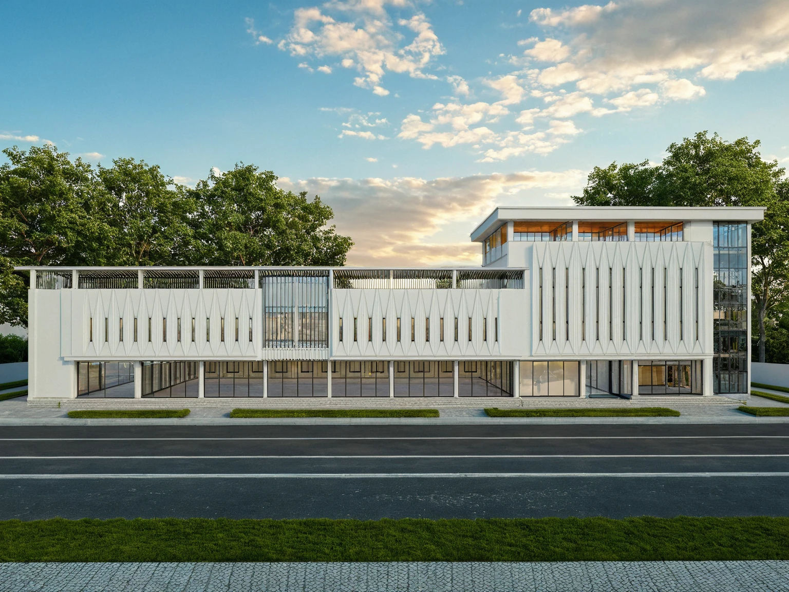 Masterpiece, high quality, best quality, authentic, super detail, outdoors, wedding center style neoclassic, city landscape, white wall, glass windows, gate road, pavement, grass, trees, blue sky, sunset, cloud, (day:1.1), realistic lighting