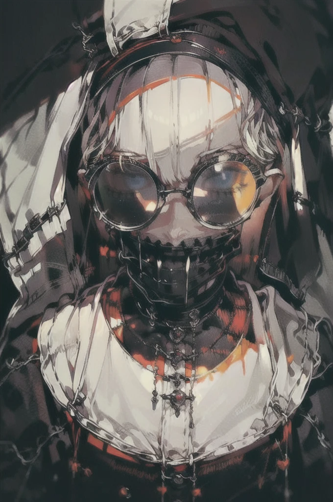 1 、highest quality, Tabletop, Beautiful Face、suit、Silver Hair、short hair、Narrow shoulders、whole body、front、mask、Face is hidden